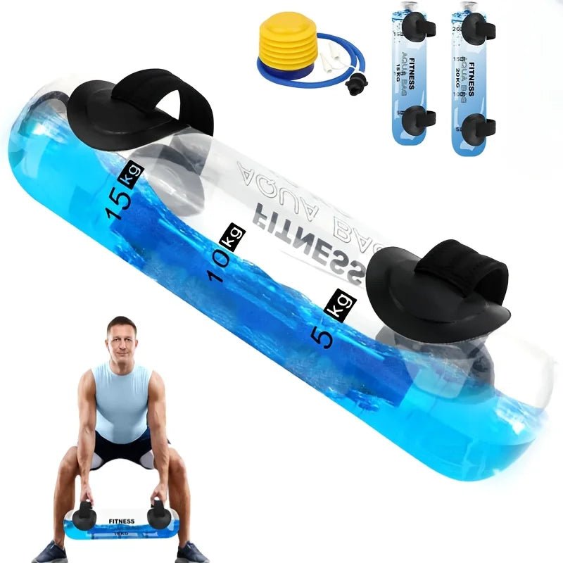 Fitness Aqua Water Weight Bag with weight markers, man using Fitness Aqua Water Weight Bag, and additional resistance bands on a white background