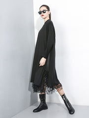 Black Mesh Dot Split Joint Loose Fit Dress Round Collar Long Sleeve Loose Fit Fashion