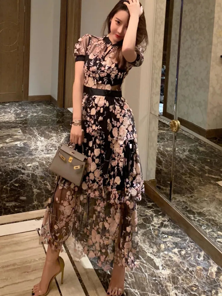 High Quality Embroidered Long Mesh Summer Dress New Fashion Mesh Sequins Flower Pattern Dress Chic Summer Maxi Long Dress