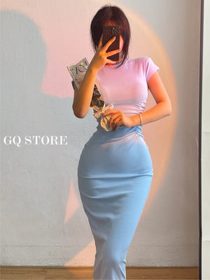 Women's Sexy High Waist Slim Hip Long Dress Short Sleeve Round Neck Dress