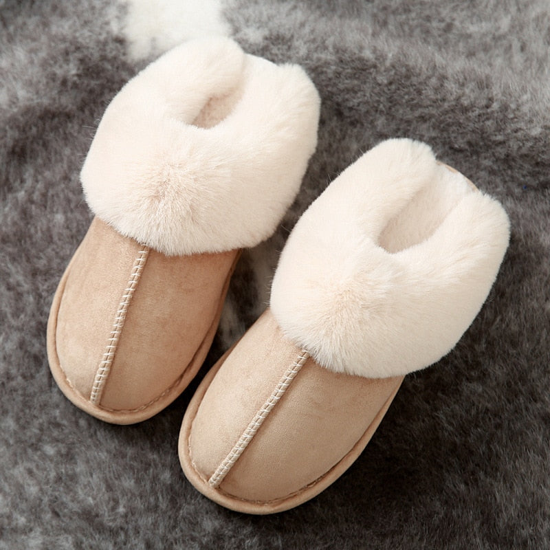 Cotton Home Fur Slippers for Women Winter Warm Plush Bedroom Non-Slip Indoor Slippers