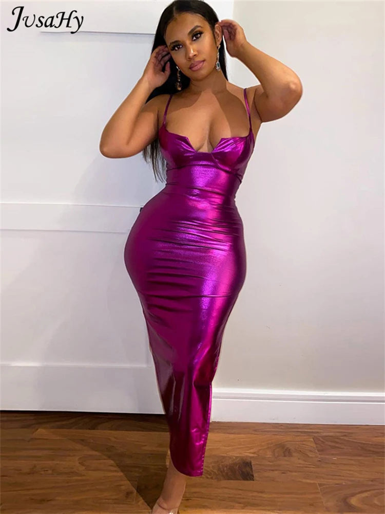 Midnight Purple Shiny Maxi Dress Clubwear New Fashion Neon Sexy Backless Strap Skinny Party Dress