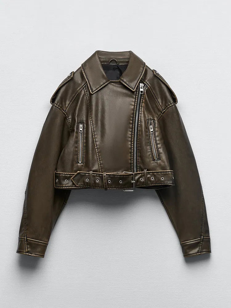 Women's Vintage Loose Faux Leather Short Jacket with Belt Biker Style Retro Jacket