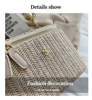 Straw Bucket Crossbody Bag - Fashion Weave Handbag with Chain Chic Shoulder Bags Purses