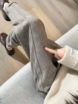 Cute Academia Tweed Straight Pants for Women Casual Herringbone Warm Thick Cropped Pants