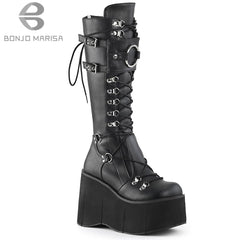 Women's Platform Mid-calf Boots High Wedge Heel Lace Up Fashion Gothic Punk Knee High Boots