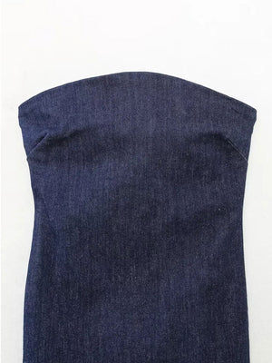Women's Strapless Backless Zipper Split Dress Blue Denim Long Party Frayed Dress