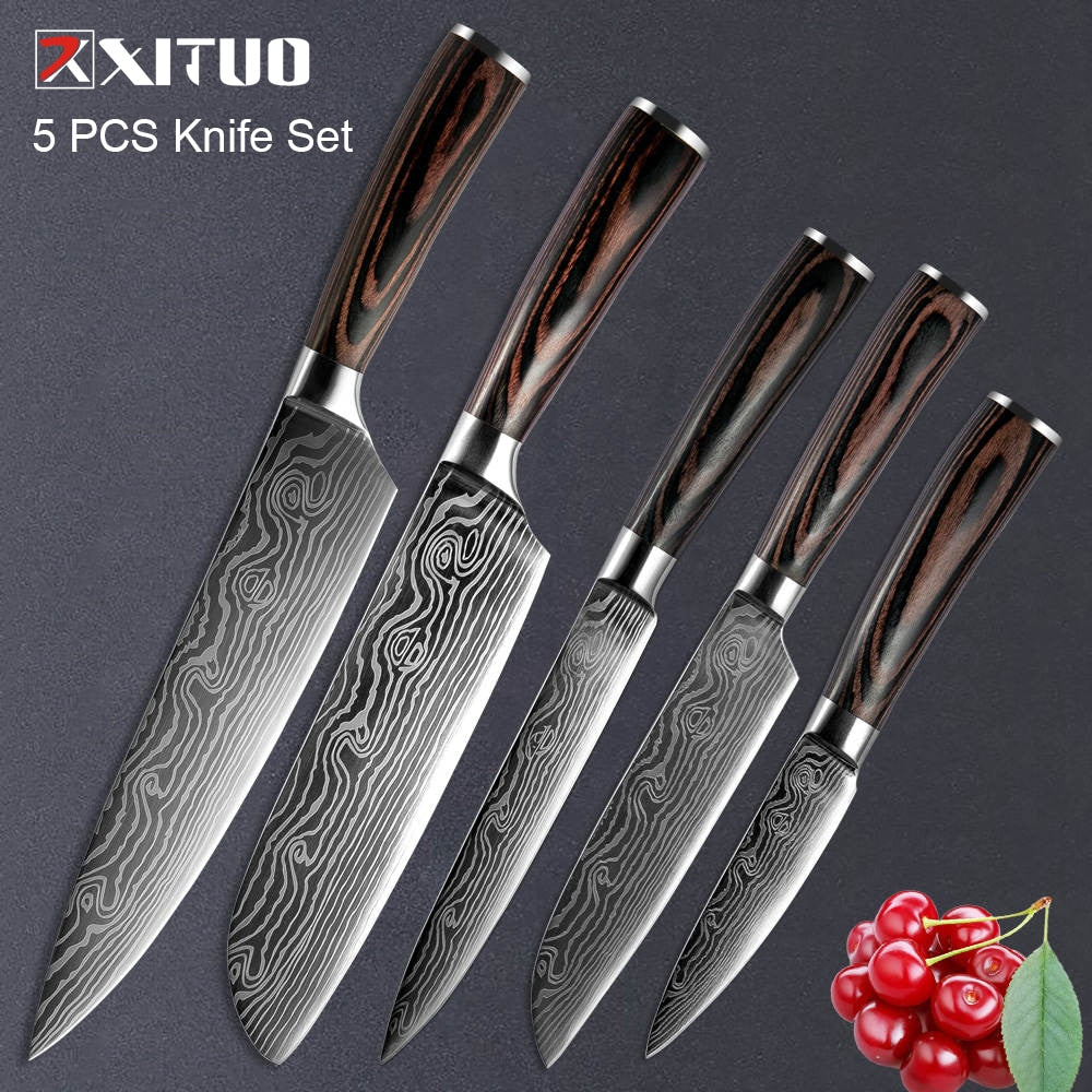 5PCS Knife Set with Sharpener Stainless Steel Damascus Style Chef Kitchen  Knives