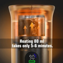 Transparent container with liquid, digital display, and text indicating heating time.