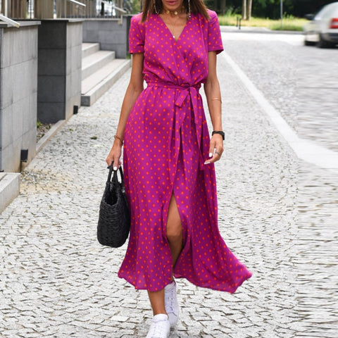 Floral Print Midi Dress Women V-Neck Split Lace-Up Short Sleeve Casual Beach Vacation Summer