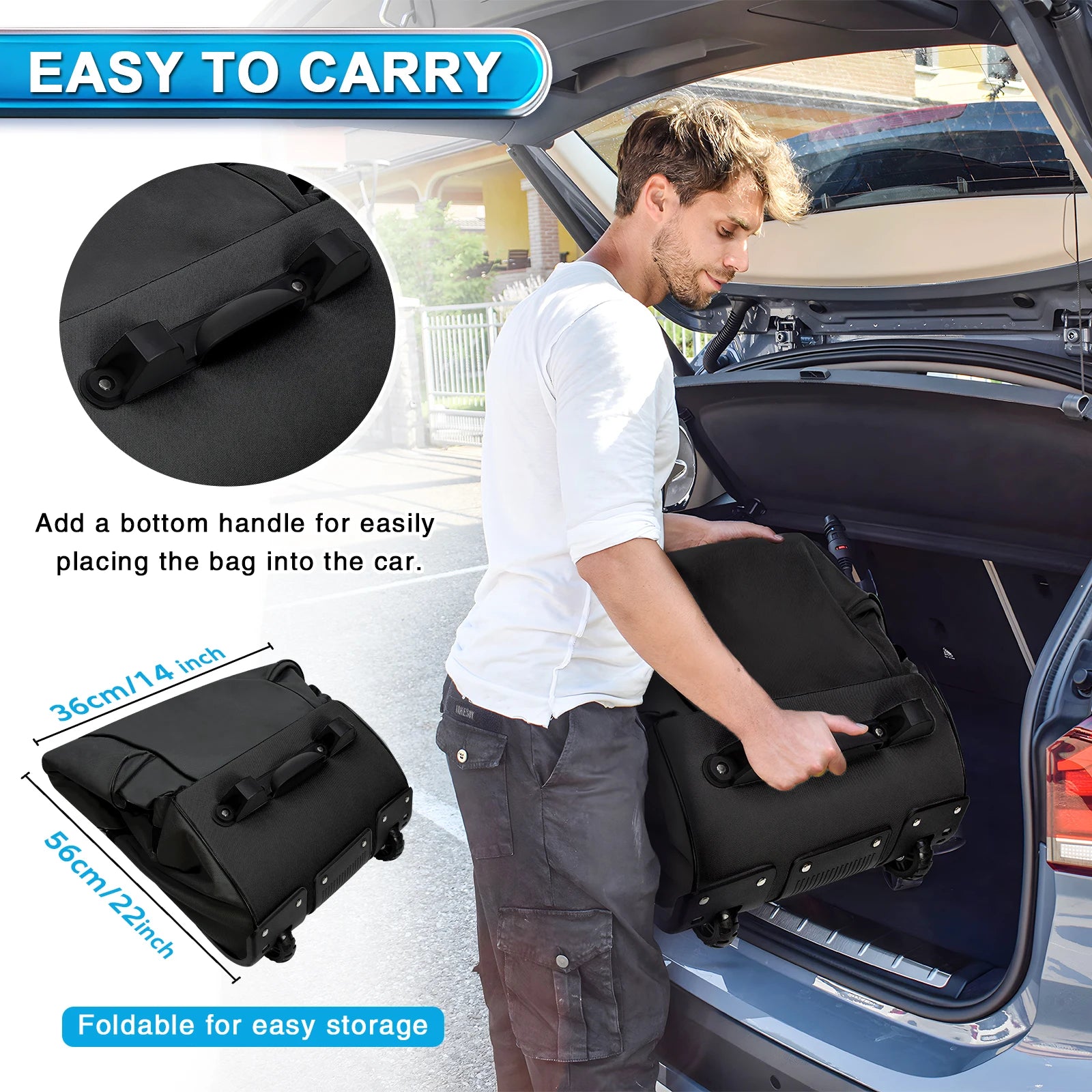 Person loading a black golf bag into a car trunk with text highlighting ease of carrying and storage. 