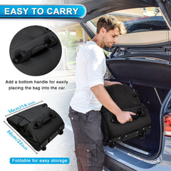 Person loading a black golf bag into a car trunk with text highlighting ease of carrying and storage. 