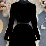 Double Breasted Velvet Blazer With Belt Women's Black Coat Slim Outerwear