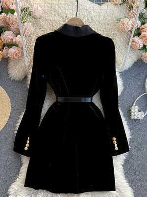 Double Breasted Velvet Blazer With Belt Women's Black Coat Slim Outerwear