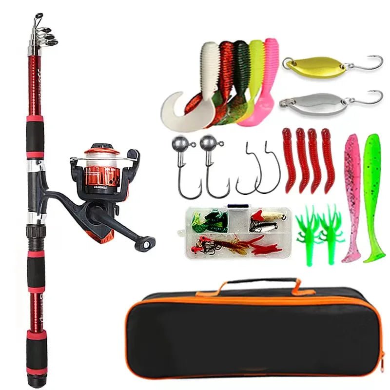 Fishing rod and reel set with various fishing lures and accessories on a white background