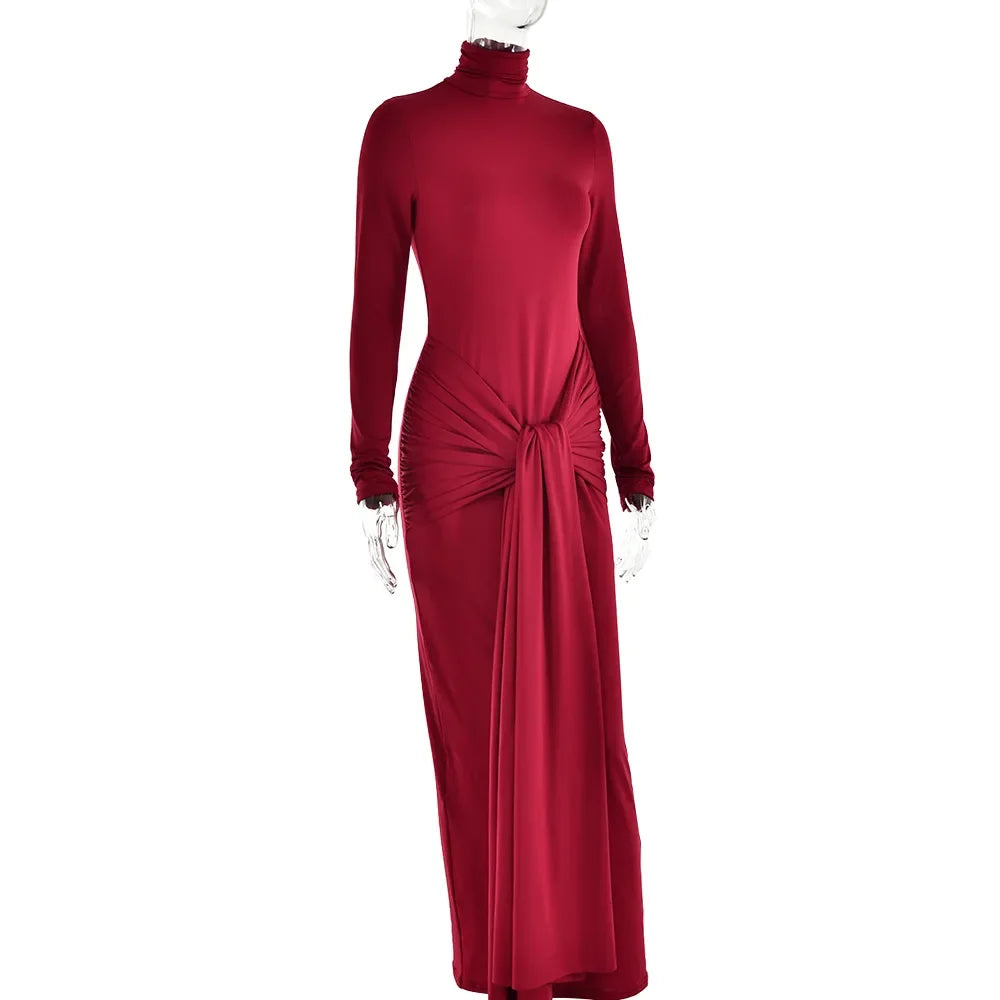 Elegant Long-Sleeve Knotted Bodycon Maxi Dress