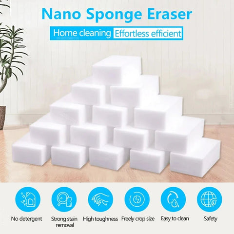 Stack of nano sponge erasers with text highlighting their benefits on a light background.