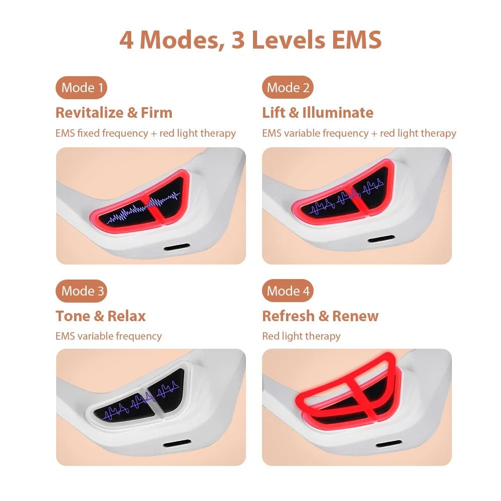 Product display with four modes and three levels of EMS therapy on a white background.