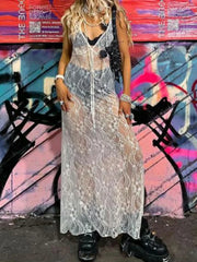 Sexy Lace Floral See-Through Party Dress Slip Clubwear for Women Spring Summer Beach Casual Long Dress