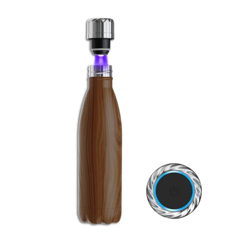 Wooden water bottle with a silver cap and a circular device with blue light on a white background