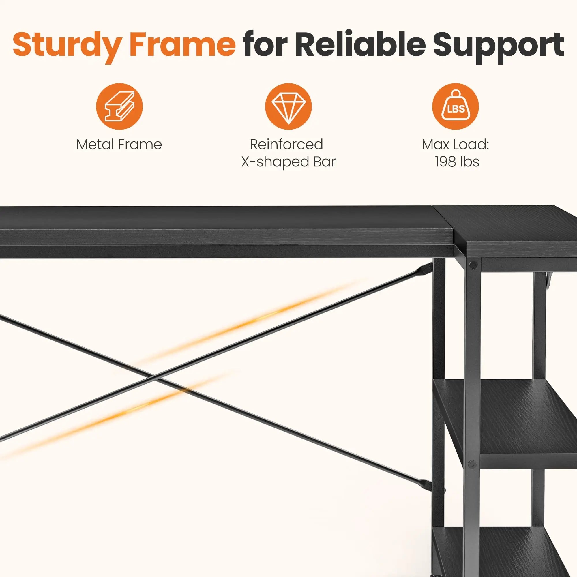Black metal frame with text highlighting features like metal frame, reinforced X-shaped bar, and max load capacity.