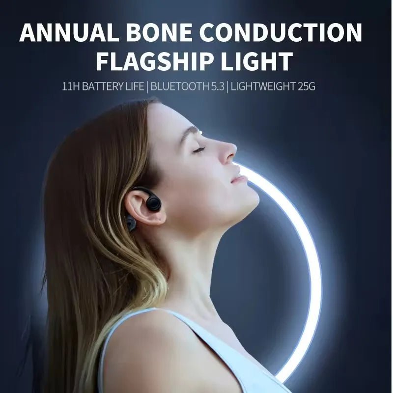 Woman wearing a bone conduction headset with product features listed above on a dark background