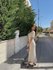 Elegant Solid Ribbed Knitted Maxi Dress for Women O-Neck Short Sleeve Pleated Lace Up Dresses