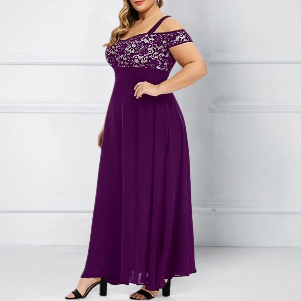 Purple evening gown with floral lace details on a white background