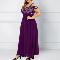 Purple evening gown with floral lace details on a white background