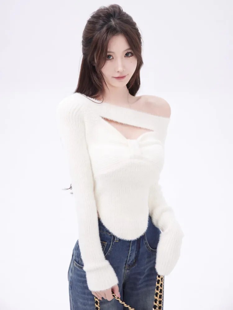 Sexy Knitted Sweater for Women Fashion Elegant Pullover Office Y2k Chic Crop Tops