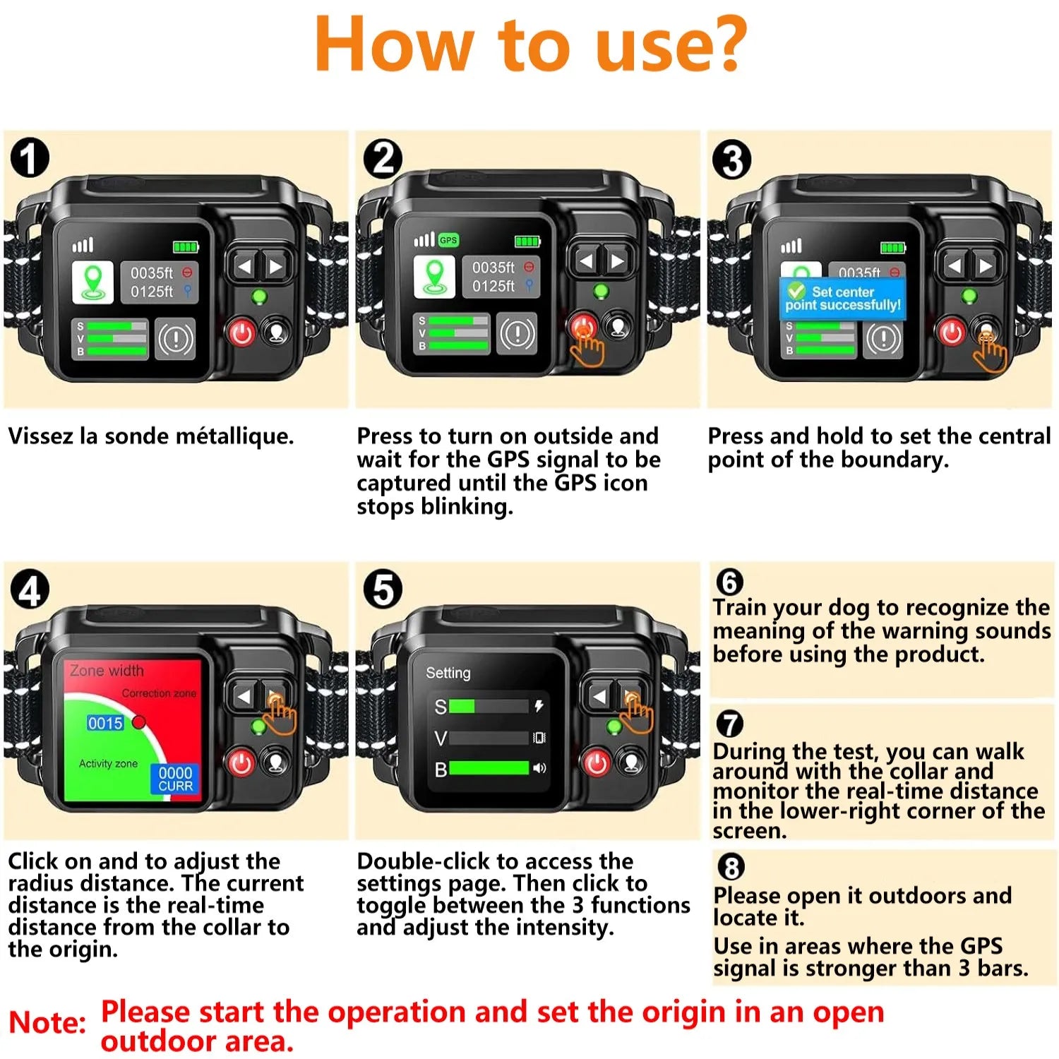 Instructions on how to use a dog training collar with GPS tracking.