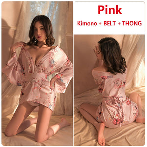 Women's Japanese Kimono Erotic Lingerie Thongs Set