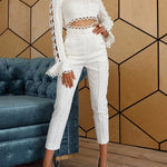 Women's Designer 2 Piece Pant Suit Flare Sleeve Hollow Out Lace Trimmed Top & Slim Pencil Pants Set