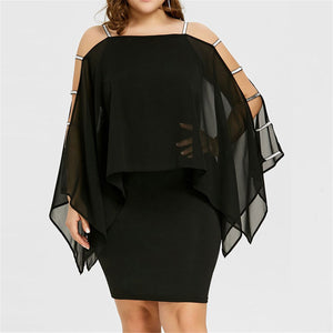 Plus Size Cold Shoulder Cape Dress with Sheer Overlay  Asymmetric Chiffon Strapless Mini Dress