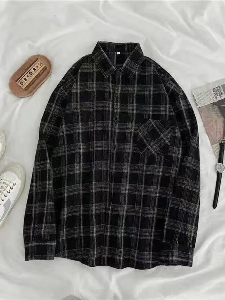 Vintage Women's Plaid Shirt Autumn/Winter Long Sleeve Oversized Button Up Tops Loose Casual Shirts