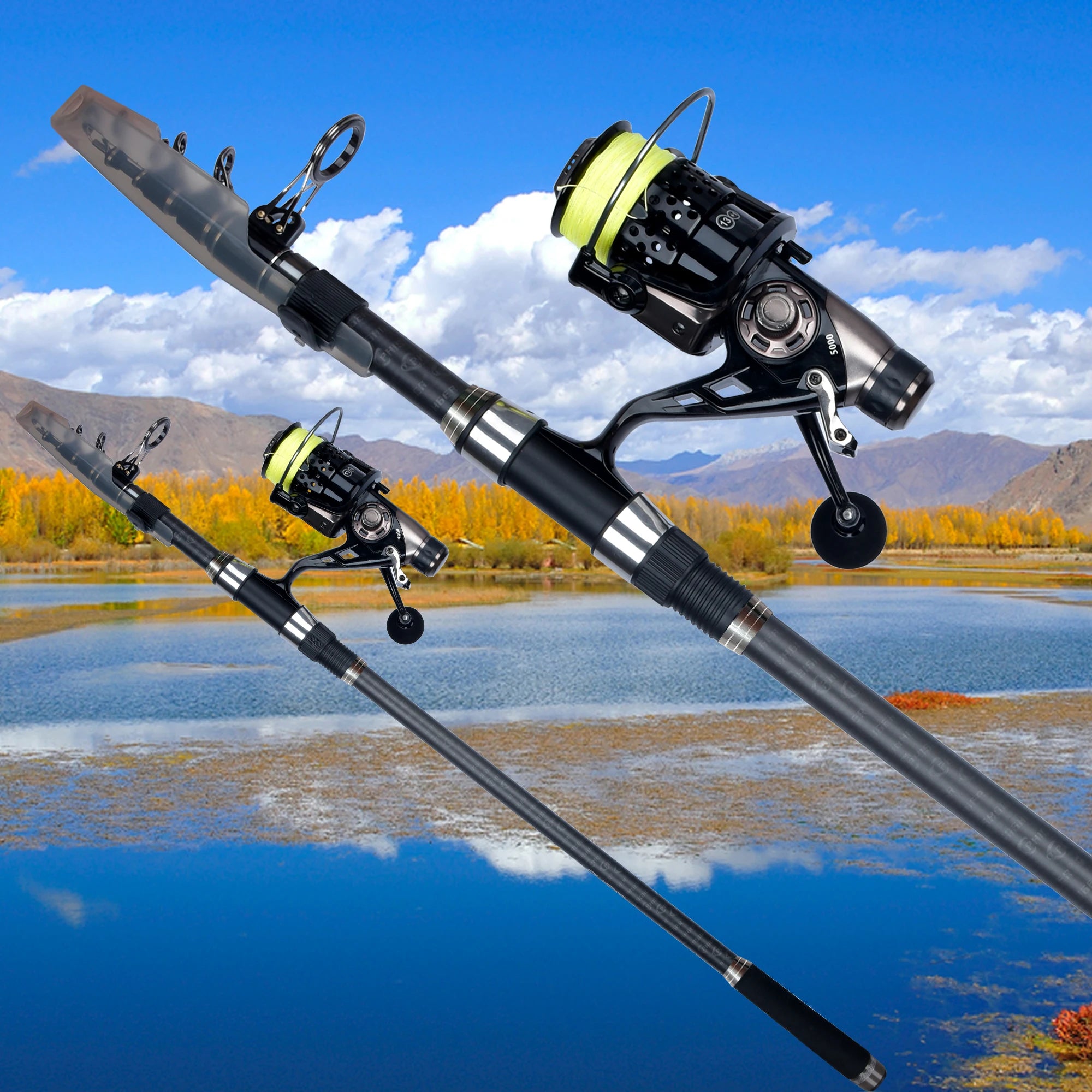 Fishing rod with reel against a scenic background of water and mountains