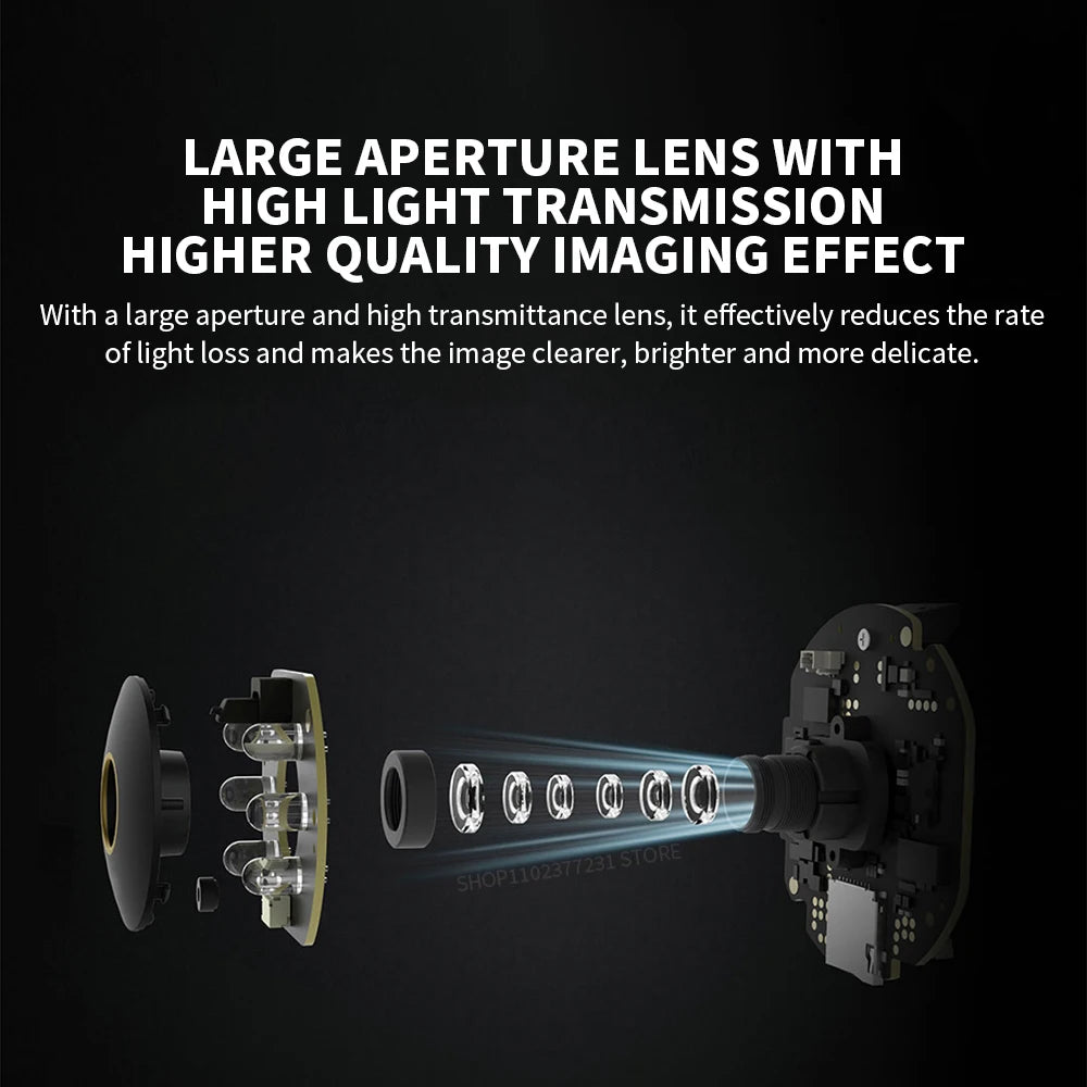 Optical lens with text about high light transmission and imaging effect on a black background