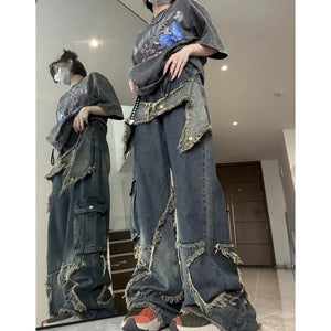 Women's Distressed Blue Jeans Contrasting Colors High Waist American Streetwear Wide Leg Pants Hip Hop Fashion Vintage Straight Trousers