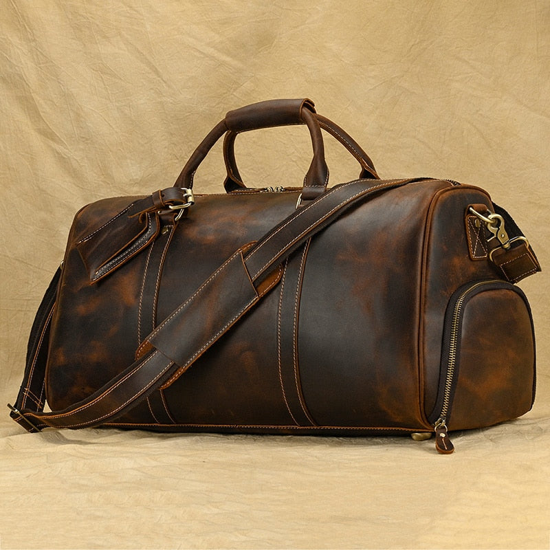 Leather Travel Duffel Bag with Shoe Compartment, Full Grain Genuine Cowhide Leather Duffle Carryall Weekender