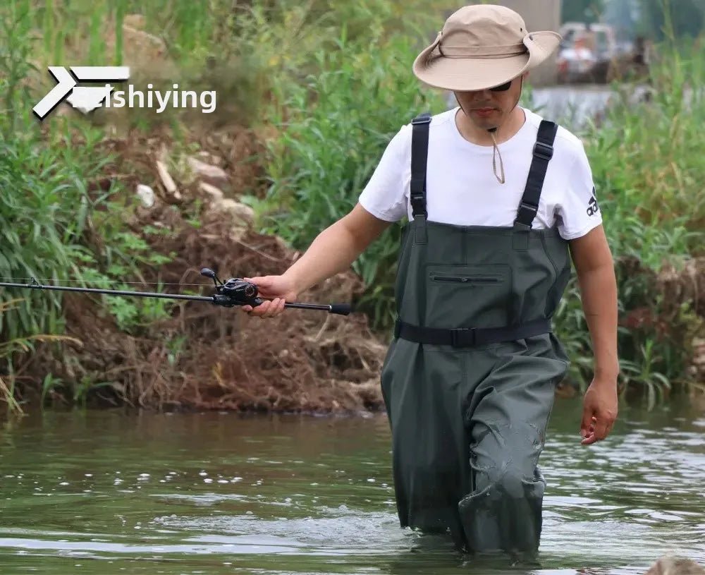 Person wearing a fishing wader and holding a fishing rod, with 'Fishing' brand logo in the corner.