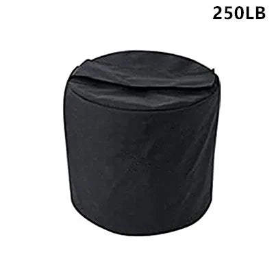 Black round ottoman with '250LB' text on a white background