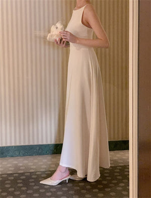 Women's Elegant Long Sleeveless Wedding Guest Bridesmaid Dress A Line Solid Color Prom Dress White/Black