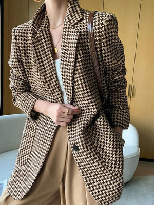 Women's Vintage Wool Blazer Jackets Boutique Fashion Chic Casual Jacket Outerwear Coat With Belt