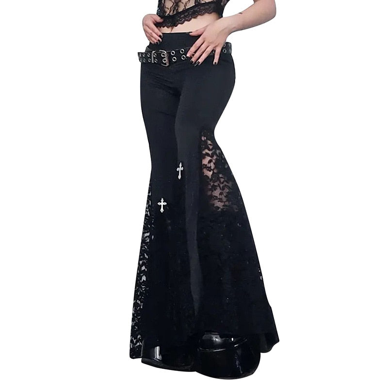 Women's Goth Mesh Lace High Waist Flare Pants with Cross in Black Grunge Streetwear Y2k Pants