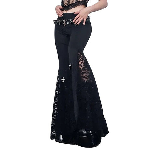High Waist Mesh Lace Flare Pants Women Goth Black Cross Grunge Y2K Streetwear Casual Fashion