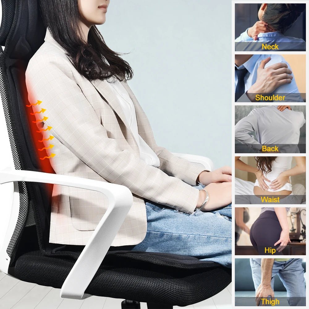 Person using an ergonomic chair with discomfort areas highlighted on a light gray background