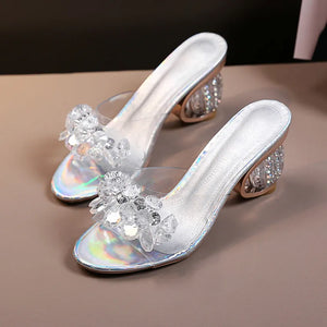 New Fashion PVC Jelly Sandals for Women Crystal-Adorned Peep Toe High Heel Shoes Crystal Transparent Heel Sandals Slippers