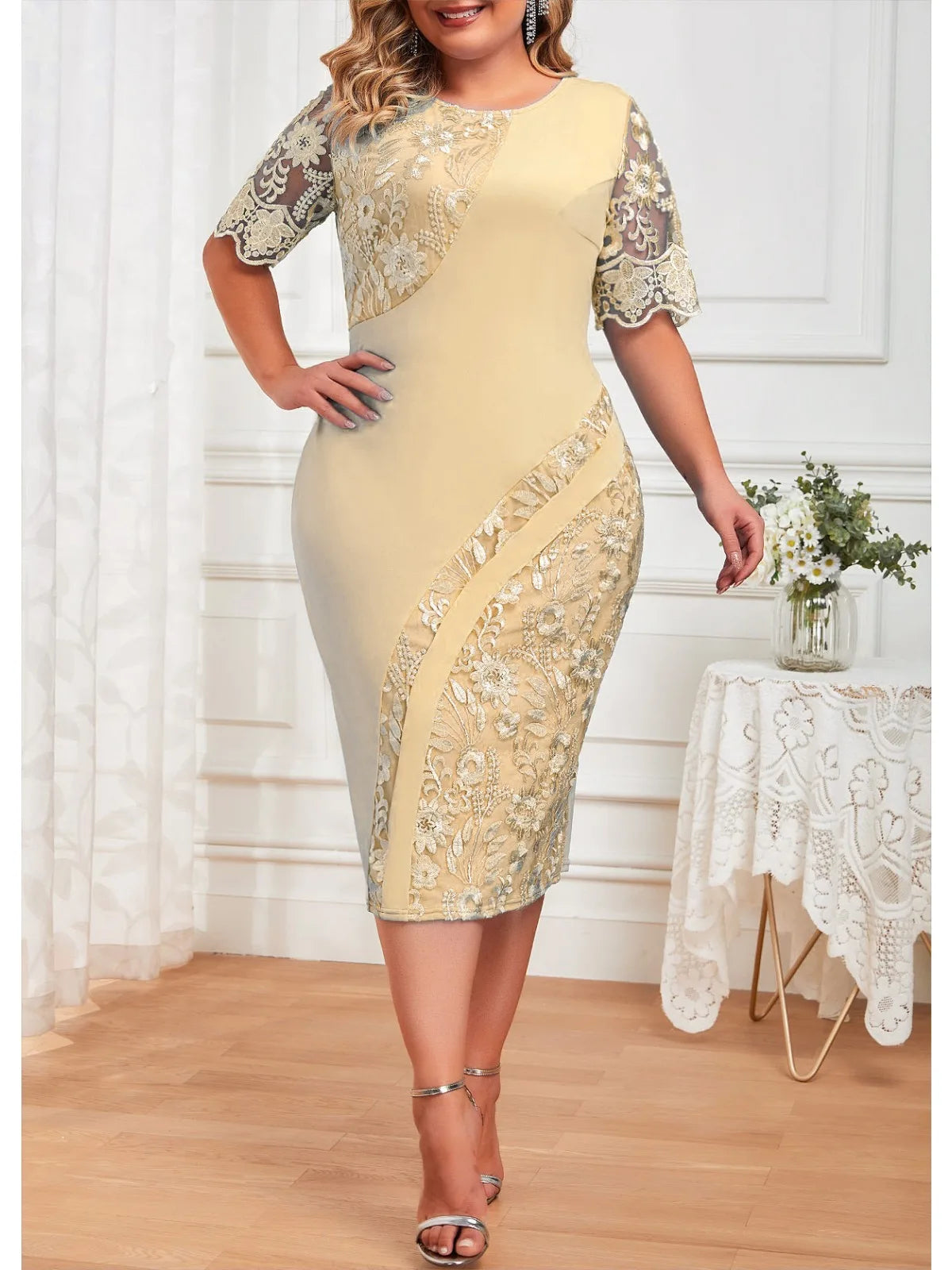 Elegant Plus Size Floral Patchwork Bodycon Evening Dress