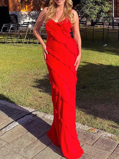 Maxi Dress Women Elegant Deep V-Neck Ruffle Backless Side Split Party Clubwear Long Fashion Dress