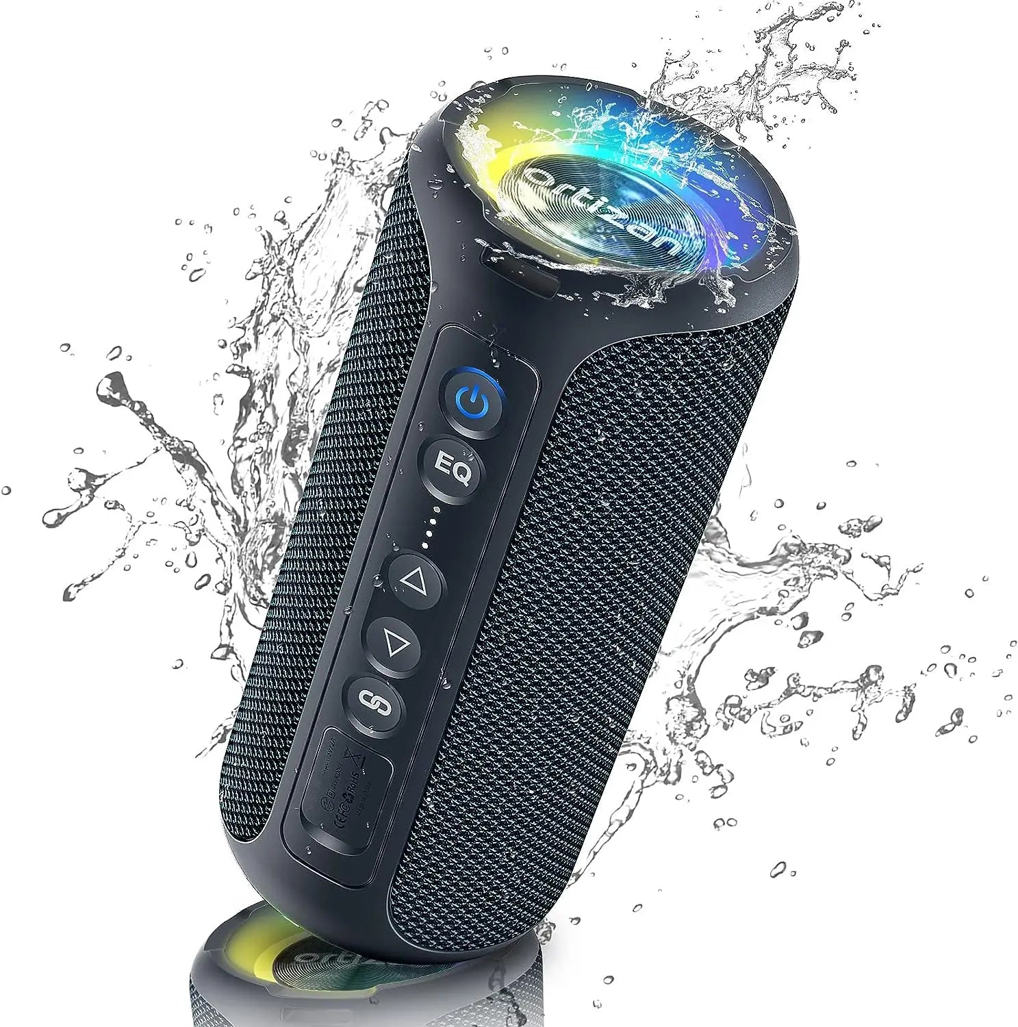Bluetooth speaker with water splashes on a white background